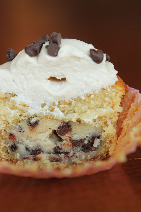 Chocolate Chip Cookie Dough Cupcakes with Cookie Dough Frosting Image of a Chocolate Chip Cookie Dough Cupcake