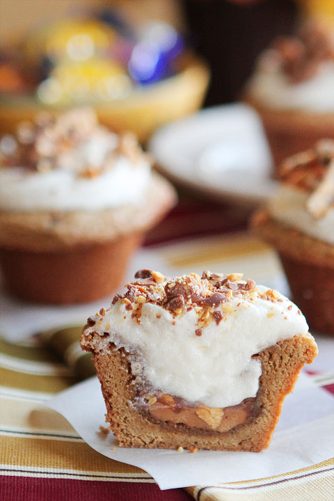 Frosted Candy Bar Stuffed Cookie Cups Frosted Candy Bar Stuffed Cookie Cups