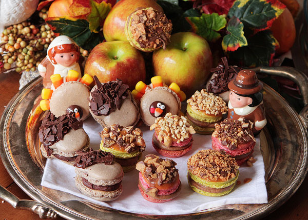 Thanksgiving Themed Holiday Macarons: Caramel Apple Macarons, Chocolate Acorns, and Chocolate Peanut Butter Candy Corn Turkeys Thanksgiving Themed Holiday Macarons: Caramel Apple Macarons, Chocolate Acorns, and Chocolate Peanut Butter Candy Corn Turkeys