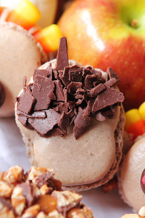 Thanksgiving Themed Holiday Macarons: Caramel Apple Macarons, Chocolate Acorns, and Chocolate Peanut Butter Candy Corn Turkeys Thanksgiving Themed Holiday Macarons: Caramel Apple Macarons, Chocolate Acorns, and Chocolate Peanut Butter Candy Corn Turkeys
