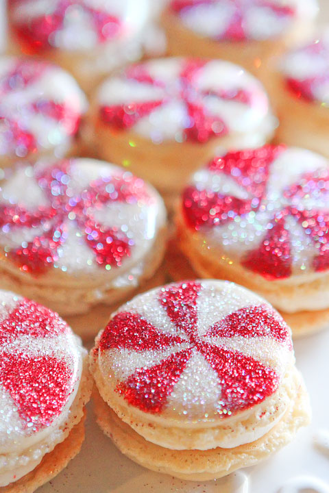 Sparkly Vanilla Bean Macarons with Three Christmas Inspired Frostings Sparkly Vanilla Bean Macarons with Three Christmas Inspired Frostings