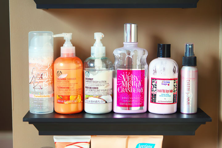 Easy DIY Bathroom Organization! Use crown molding to make shelves to organize perfumes, lotions, hairspray, etc. Neat, organized, and right at your fingertips! From kevinandamanda.com Easy DIY Bathroom Organization! Use crown molding to make shelves to organize perfumes, lotions, hairspray, etc. Neat, organized, and right at your fingertips! From kevinandamanda.com