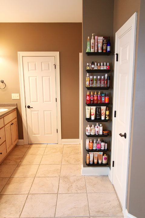 Easy DIY Bathroom Organization! Use crown molding to make shelves to organize perfumes, lotions, hairspray, etc. Neat, organized, and right at your fingertips! From kevinandamanda.com Easy DIY Bathroom Organization! Use crown molding to make shelves to organize perfumes, lotions, hairspray, etc. Neat, organized, and right at your fingertips! From kevinandamanda.com