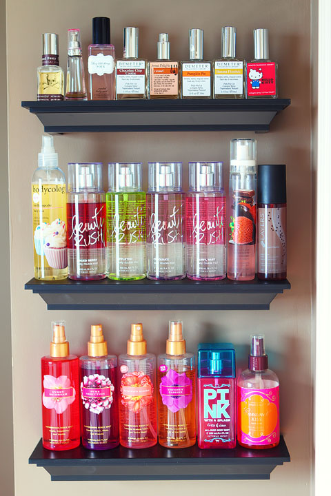 Easy DIY Bathroom Organization! Use crown molding to make shelves to organize perfumes, lotions, hairspray, etc. Neat, organized, and right at your fingertips! From kevinandamanda.com Easy DIY Bathroom Organization! Use crown molding to make shelves to organize perfumes, lotions, hairspray, etc. Neat, organized, and right at your fingertips! From kevinandamanda.com