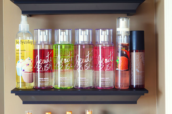 Easy DIY Bathroom Organization! Use crown molding to make shelves to organize perfumes, lotions, hairspray, etc. Neat, organized, and right at your fingertips! From kevinandamanda.com Easy DIY Bathroom Organization! Use crown molding to make shelves to organize perfumes, lotions, hairspray, etc. Neat, organized, and right at your fingertips! From kevinandamanda.com