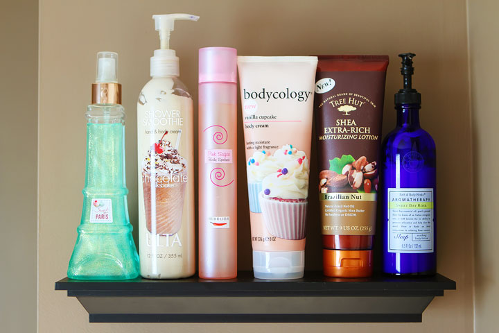 Easy DIY Bathroom Organization! Use crown molding to make shelves to organize perfumes, lotions, hairspray, etc. Neat, organized, and right at your fingertips! From kevinandamanda.com Easy DIY Bathroom Organization! Use crown molding to make shelves to organize perfumes, lotions, hairspray, etc. Neat, organized, and right at your fingertips! From kevinandamanda.com