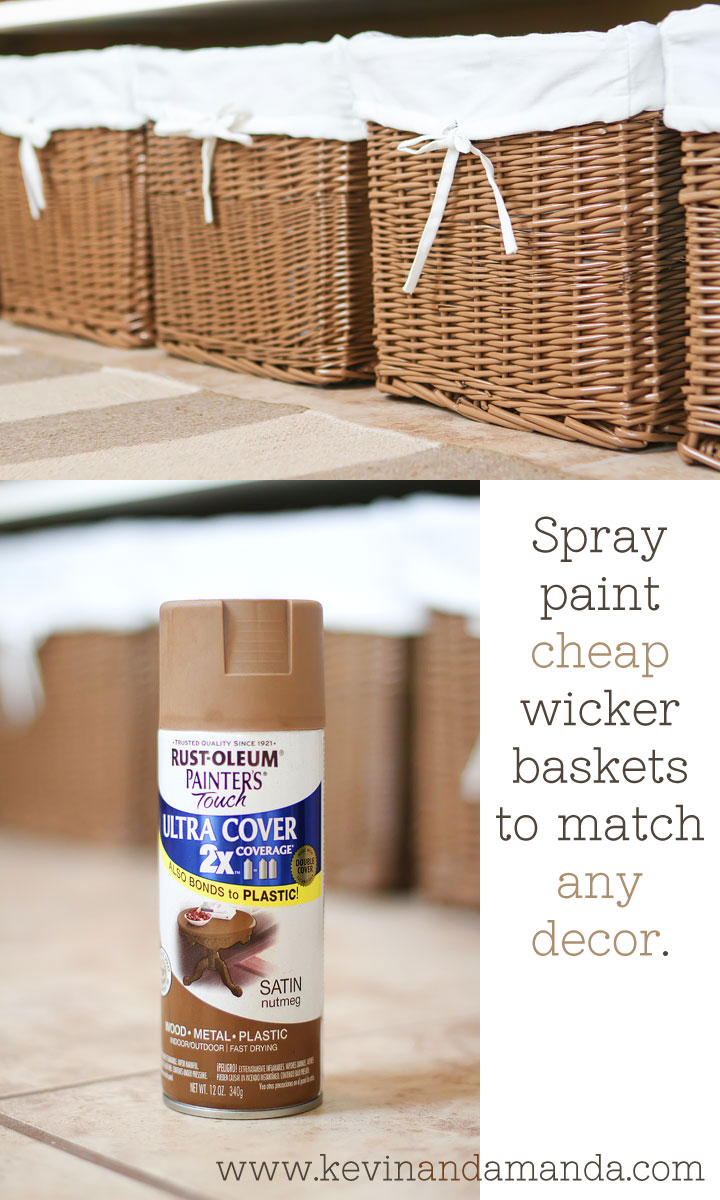 Spray paint cheap wicker baskets to match any decor. Spray paint cheap wicker baskets to match any decor.