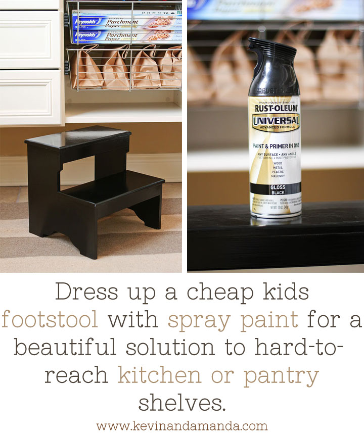Dress up a cheap kids footstool with spray paint for a beautiful solution to hard-to-reach kitchen or pantry shelves. Dress up a cheap kids footstool with spray paint for a beautiful solution to hard-to-reach kitchen or pantry shelves.