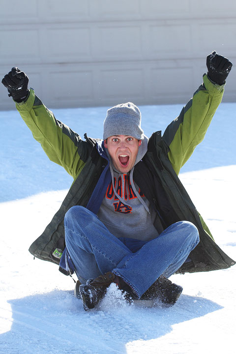 Kevin on His Sled Image of Kevin Trying out His Sled