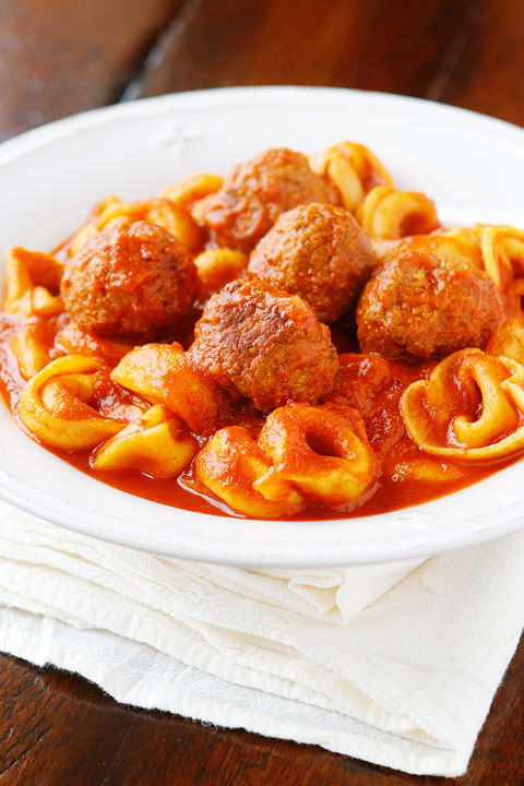 Italian Meatball Tortellini. I keep the ingredients for this on hand at ALL times. This is seriously the best 4-ingredient, quick and easy, family-friendly meal when you need something everyone will eat and FAST!