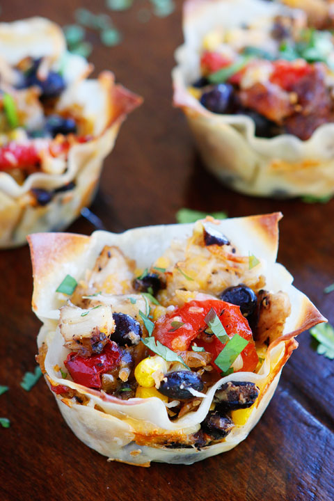 Make these fun Southwestern Chicken Cups using Wonton Wrappers in a Muffin Tin! Great for using up leftover rotisserie chicken or boneless, skinless chicken breasts.