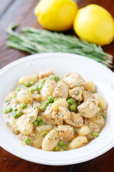 Garlic chicken and toasted potato gnocchi in a rosemary lemon cream sauce. Great for easy weeknight dinners AND impressing guests. Will make this one again!