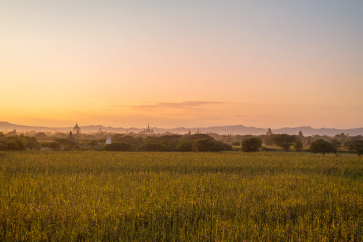 View of the sunset from the Nyaung Lat Phet Sunset Viewpoint in Bagan, Myanmar.